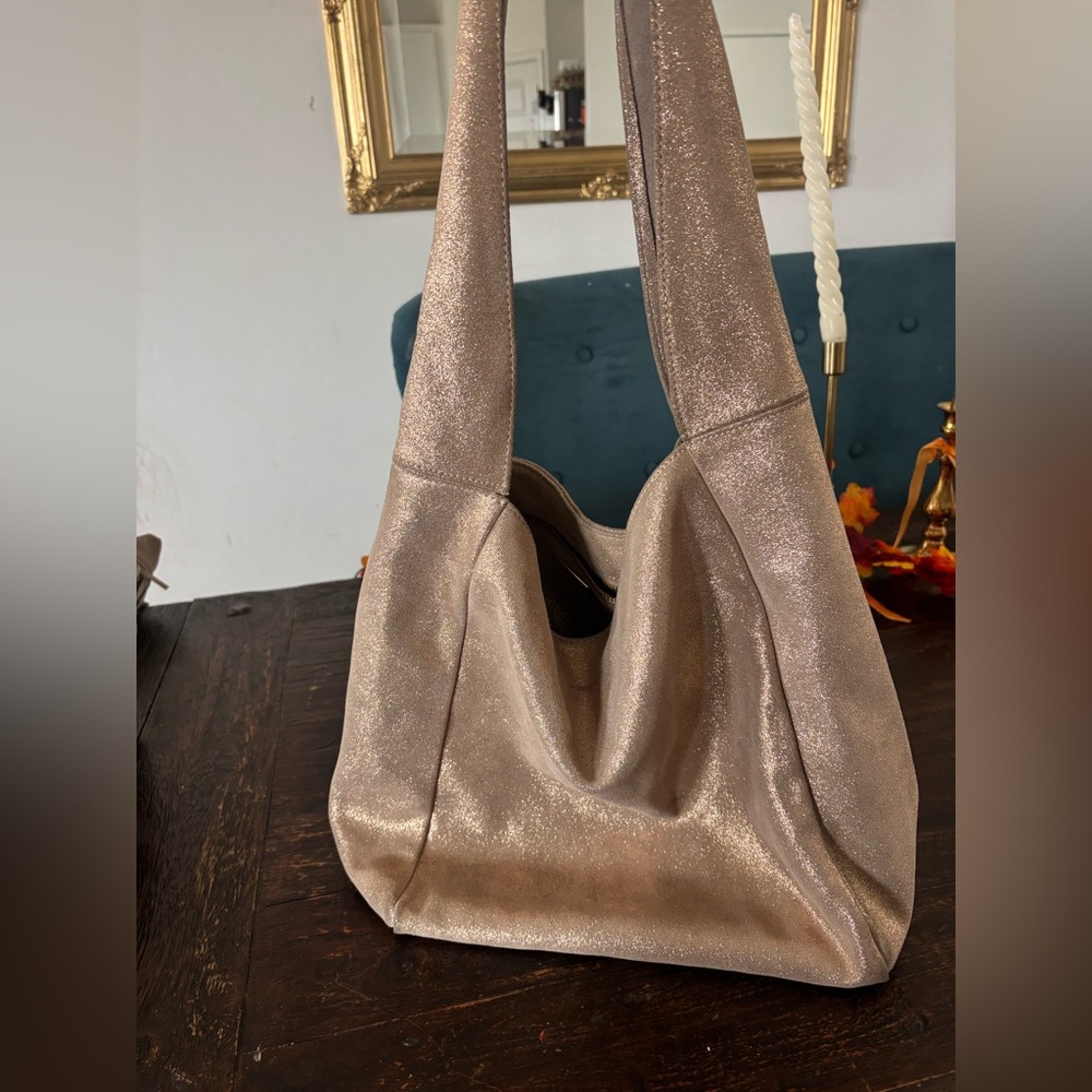 Monserat De Lucca Rose Gold Shimmery Cow Suede Hobo Purse